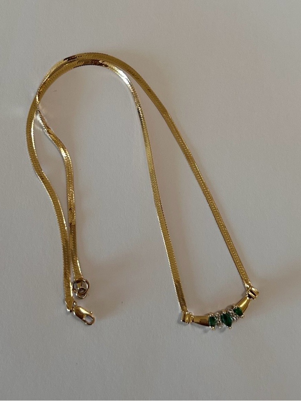 14k Yellow Gold Herringbone 16" Diamond & Emerald Necklace